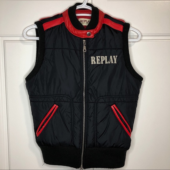 Replay Quilted Bomber Vest Black Red Jacket - Picture 2 of 8